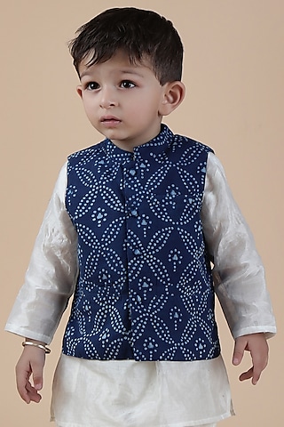 Indigo Cotton Printed Nehru Jacket For Boys by Tjori