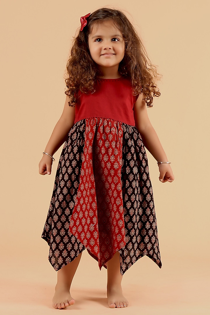 Red & Black Cotton Printed Asymmetric Dress For Girls by Tjori at Pernia's Pop Up Shop