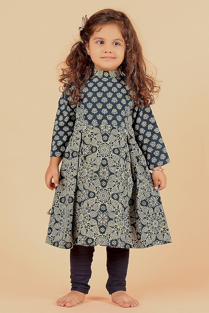 Indigo Cotton Printed Kurta Set For Girls by Tjori