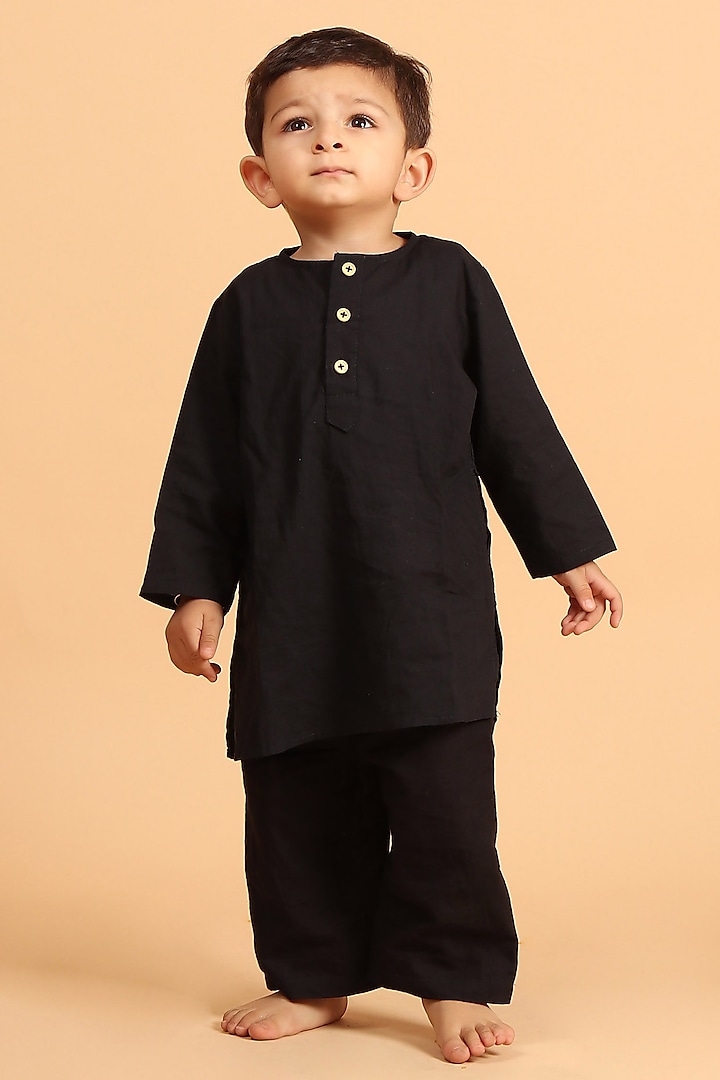 Black Cotton Kurta Set For Boys by Tjori