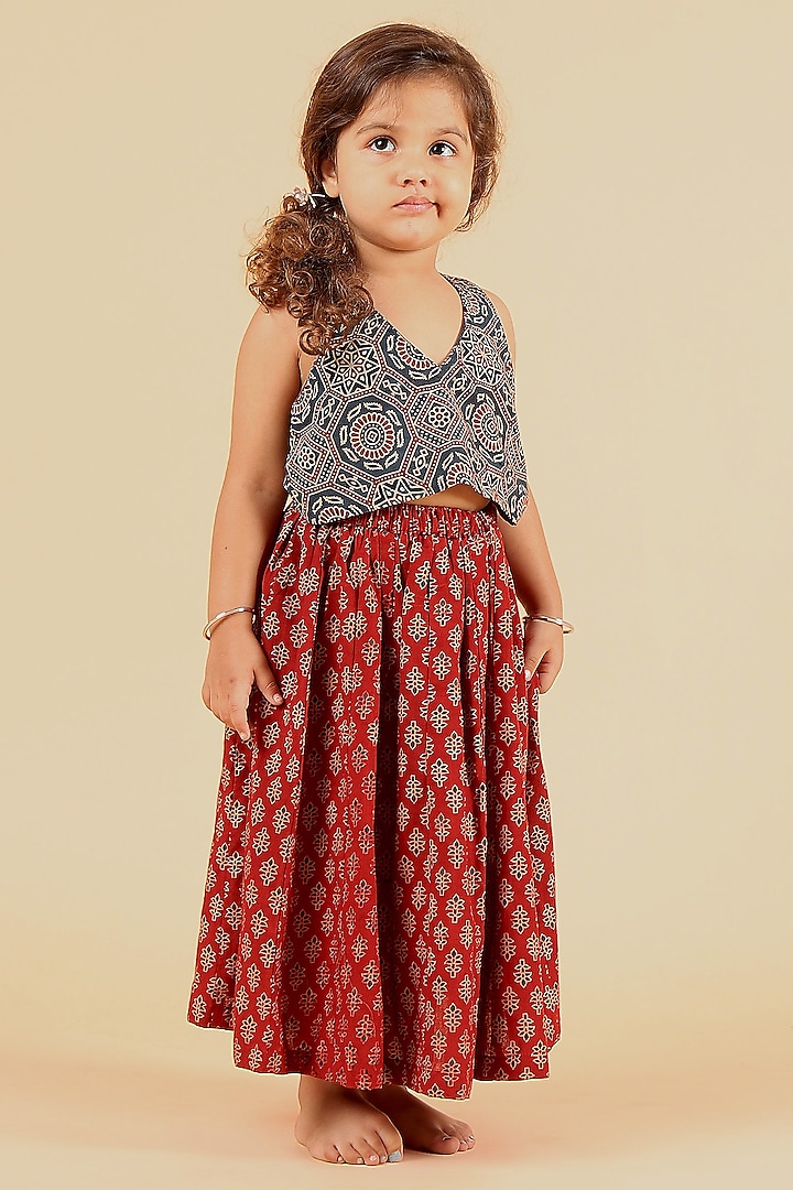 Red Cotton Printed Flared Skirt Set For Girls by Tjori at Pernia's Pop Up Shop