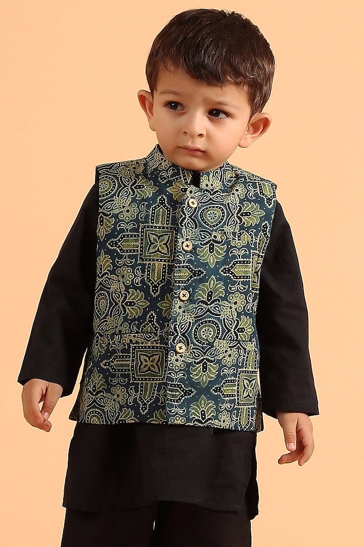 Indigo Cotton Printed Nehru Jacket For Boys by Tjori