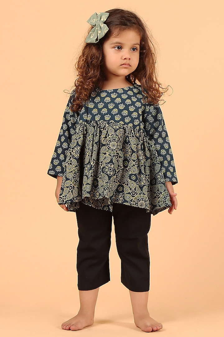 Indigo Cotton Printed Kurta Set For Girls by Tjori at Pernia's Pop Up Shop