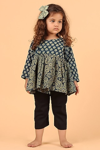 Indigo Cotton Printed Kurta Set For Girls by Tjori India pvt ltd