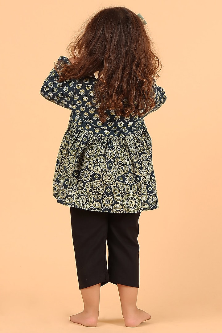 Indigo Cotton Printed Kurta Set For Girls by Tjori India pvt ltd at Pernia's Pop Up Shop
