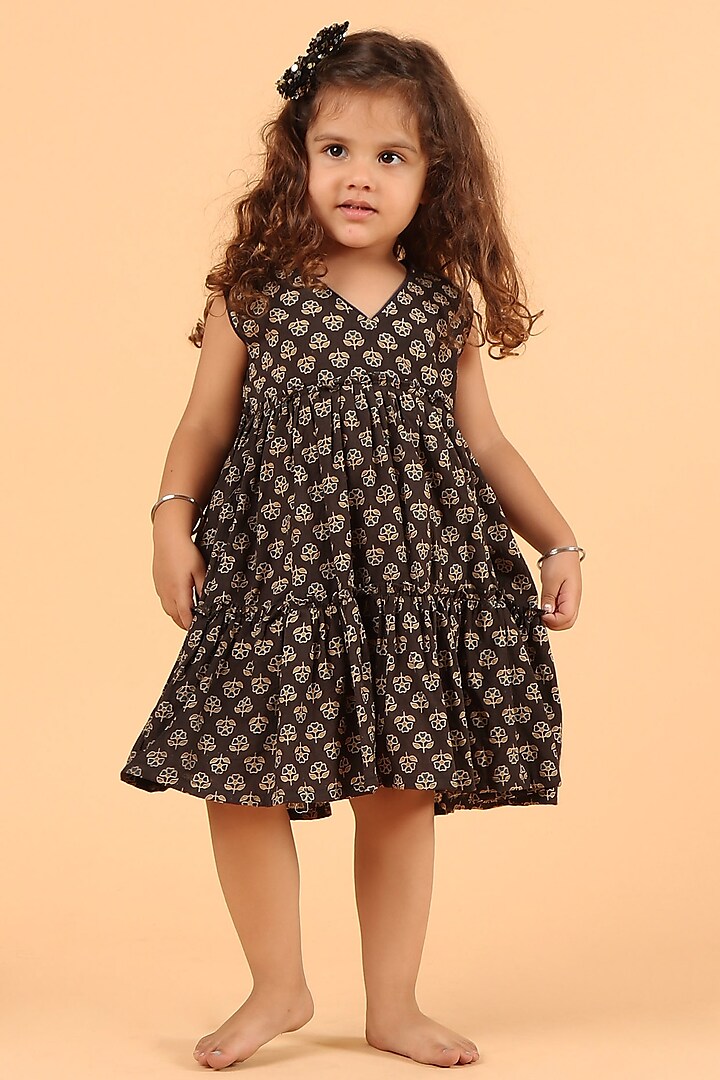 Black Cotton Printed Flared Dress For Girls by Tjori at Pernia's Pop Up Shop