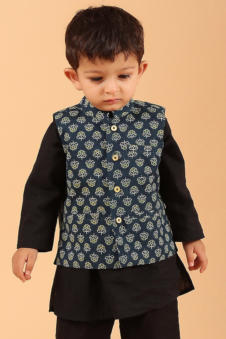 Blue Cotton Printed Nehru Jacket For Boys by Tjori