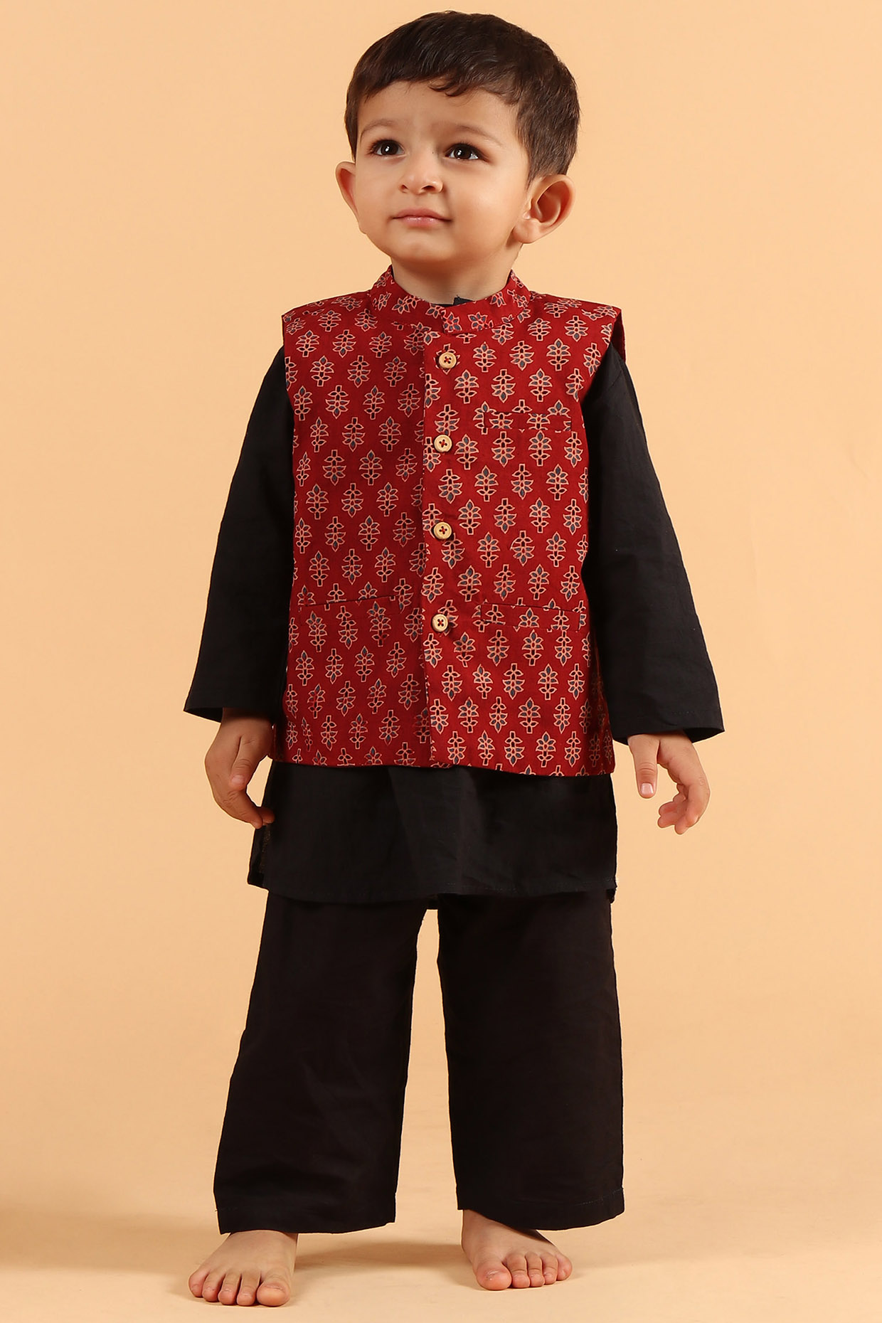 Red Cotton Printed Nehru Jacket With Kurta Set For Boys by Tjori at Pernia's Pop Up Shop
