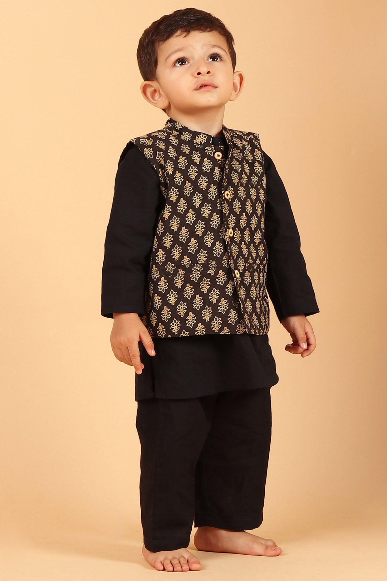 Black Cotton Printed Nehru Jacket With Kurta Set For Boys by Tjori at Pernia's Pop Up Shop