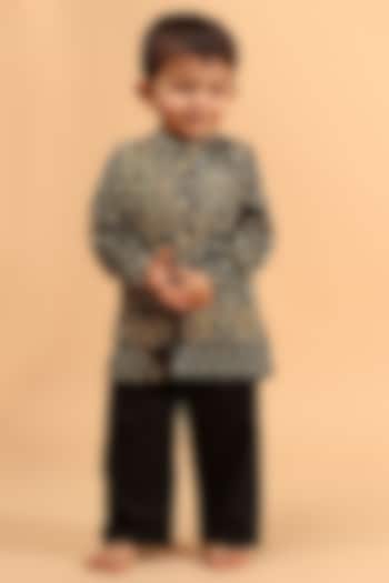 Black Cotton Printed Nehru Jacket With Kurta Set For Boys by Tjori India pvt ltd at Pernia's Pop Up Shop