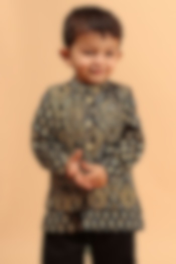 Black Cotton Printed Nehru Jacket For Boys by Tjori