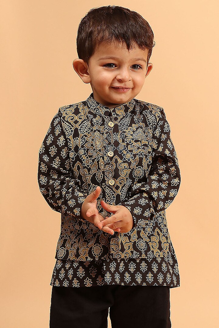 Black Cotton Printed Nehru Jacket For Boys by Tjori