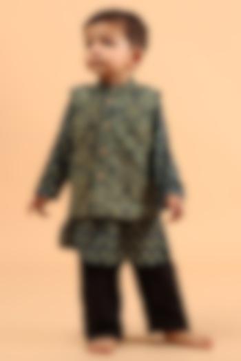 Indigo Cotton Printed Nehru Jacket With Kurta Set For Boys by Tjori