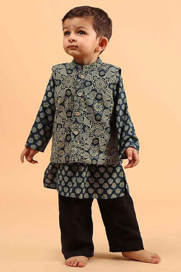 Indigo Cotton Printed Nehru Jacket With Kurta Set For Boys by Tjori