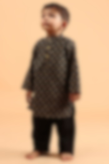 Black Cotton Printed Kurta Set For Boys by Tjori