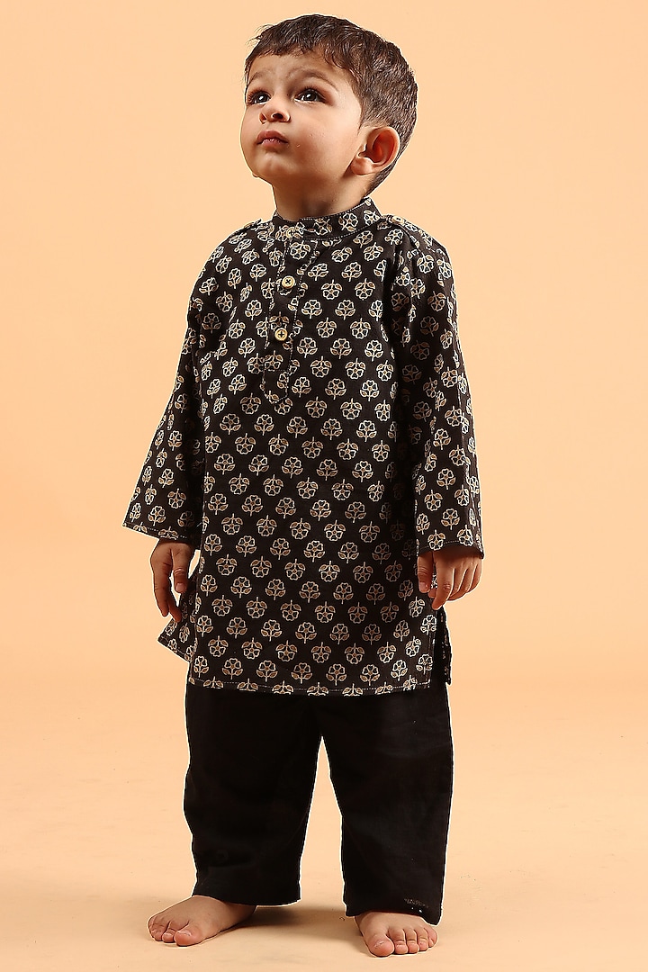 Black Cotton Printed Kurta Set For Boys by Tjori