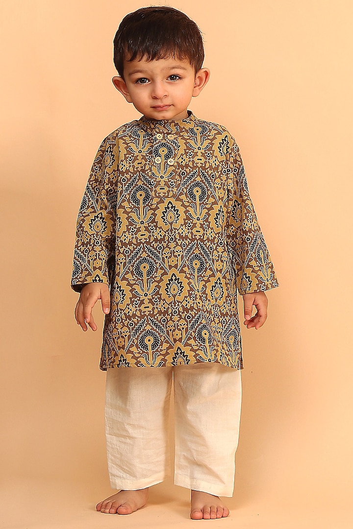 Khaki Cotton Printed Kurta Set For Boys by Tjori