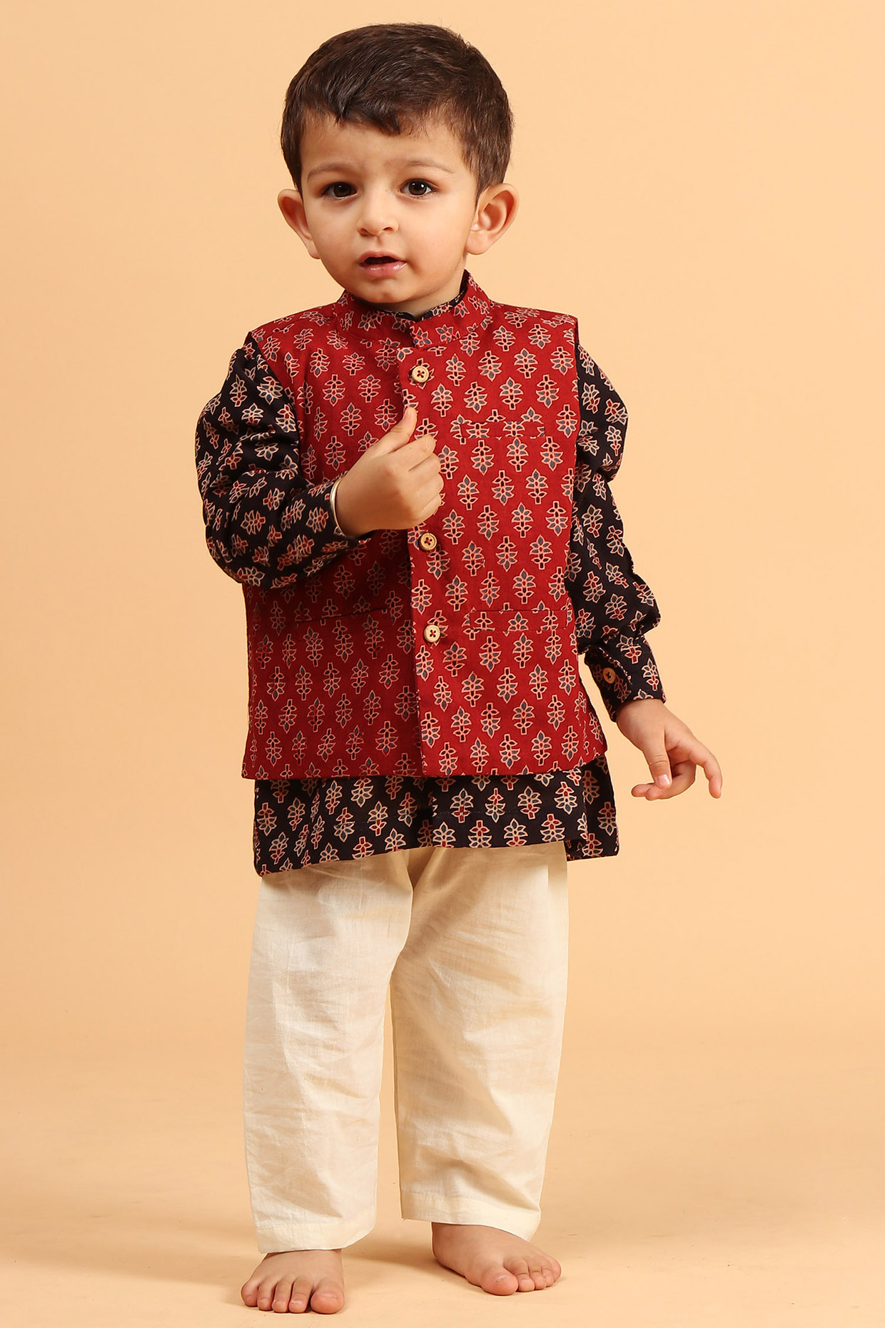 Red Cotton Printed Nehru Jacket With Kurta Set For Boys by Tjori at Pernia's Pop Up Shop