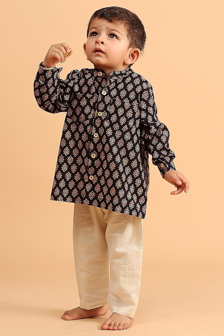 Black Cotton Printed Kurta Set For Boys by Tjori