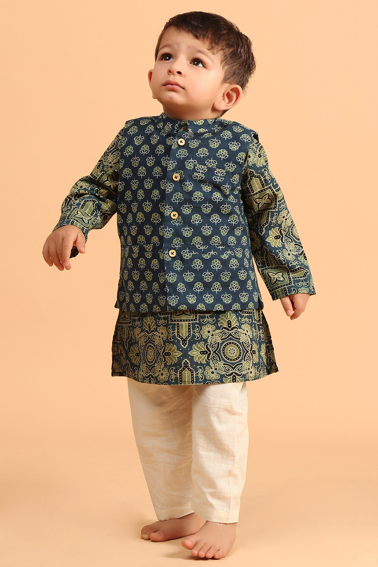 Indigo Cotton Printed Nehru Jacket With Kurta Set For Boys by Tjori at Pernia's Pop Up Shop