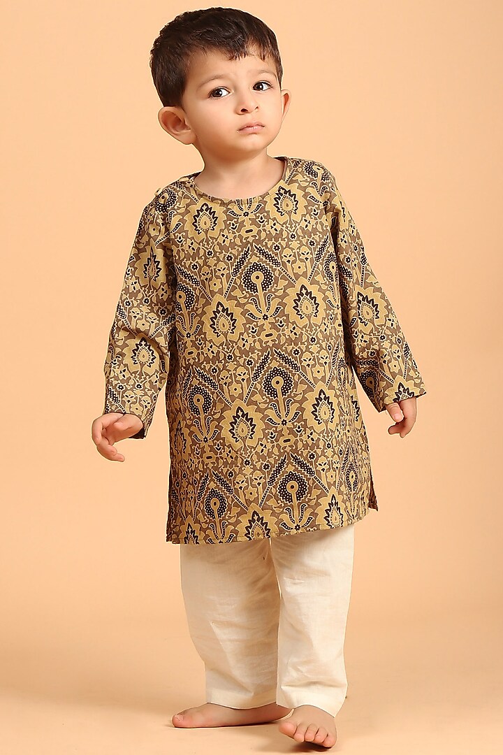 Beige Cotton Printed Kurta Set For Boys by Tjori