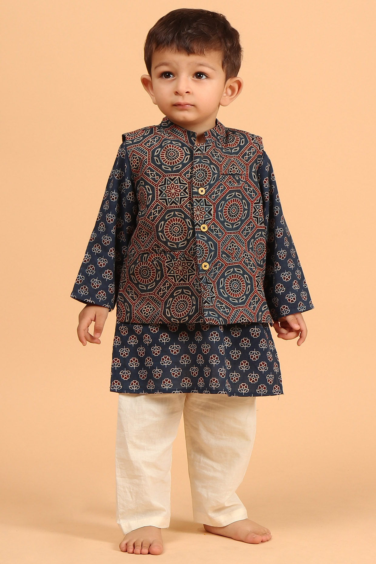 Indigo Cotton Printed Nehru Jacket Set For Boys by Tjori at Pernia's Pop Up Shop