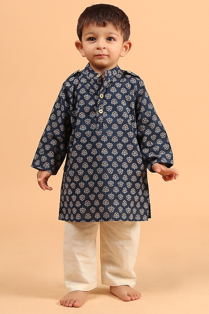 Indigo Cotton Printed Kurta Set For Boys by Tjori