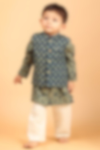 Indigo Cotton Printed Nehru Jacket Set For Boys by Tjori