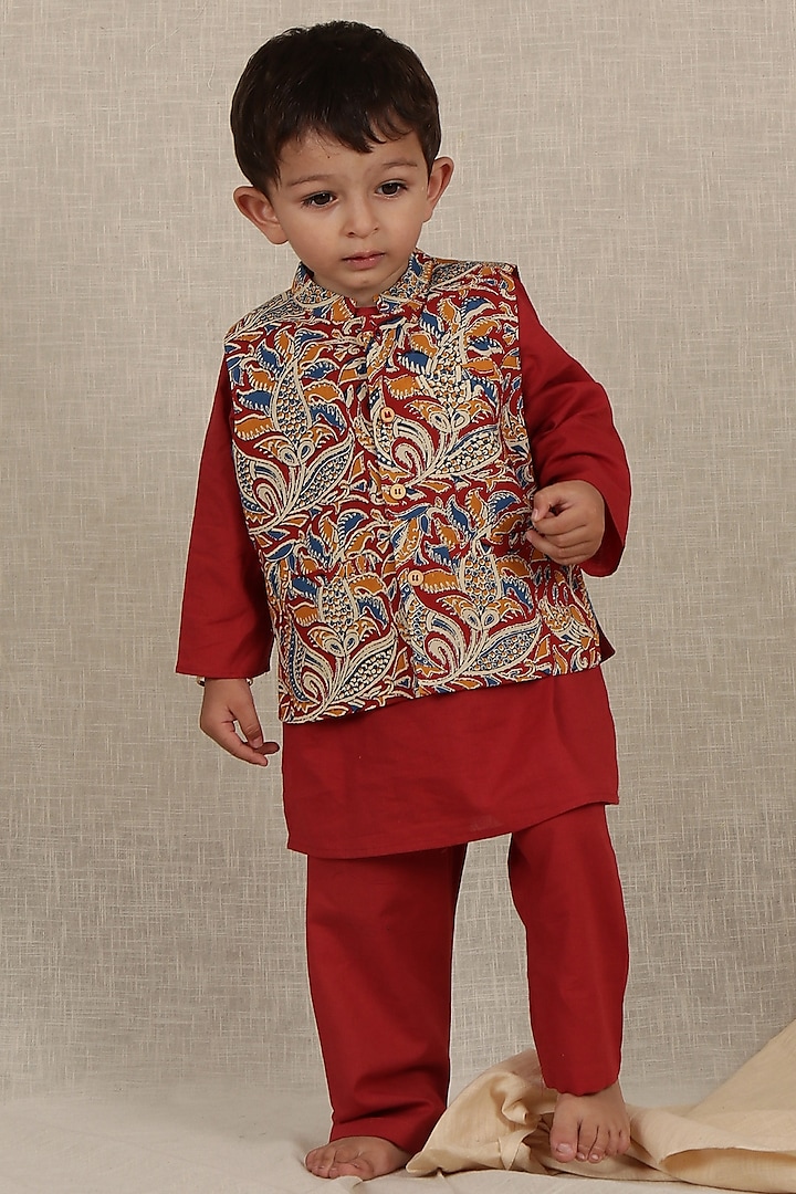 Multi-Colored Cotton Printed Nehru Jacket Set For Boys by Tjori