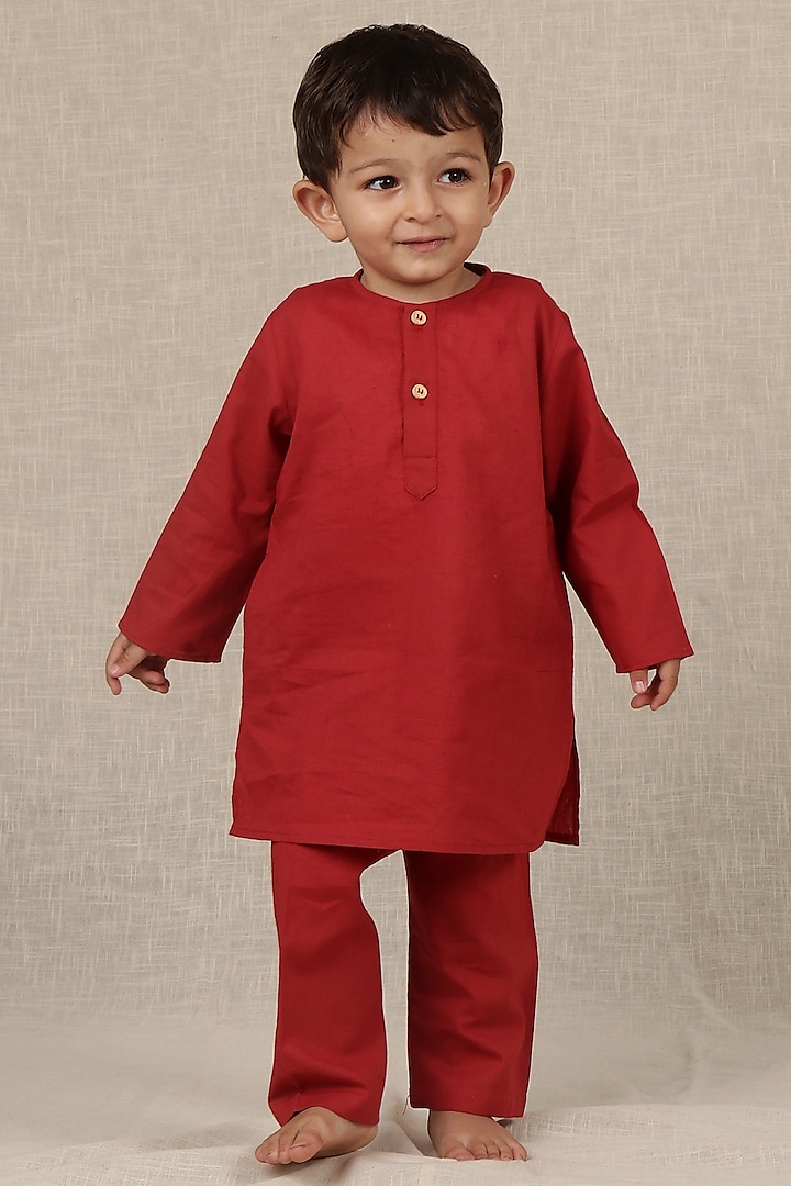 Red Cotton Kurta Set For Boys by Tjori