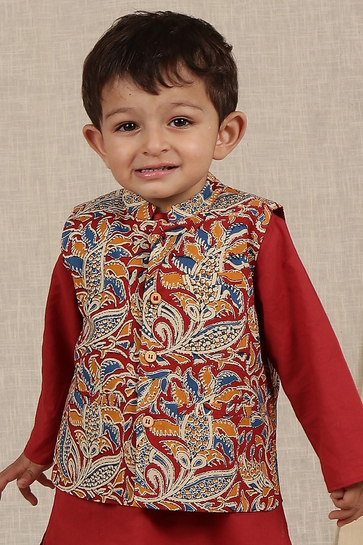 Multi-Colored Cotton Printed Nehru Jacket For Boys by Tjori