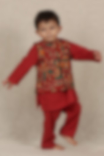 Red Cotton Printed Nehru Jacket Set For Boys by Tjori