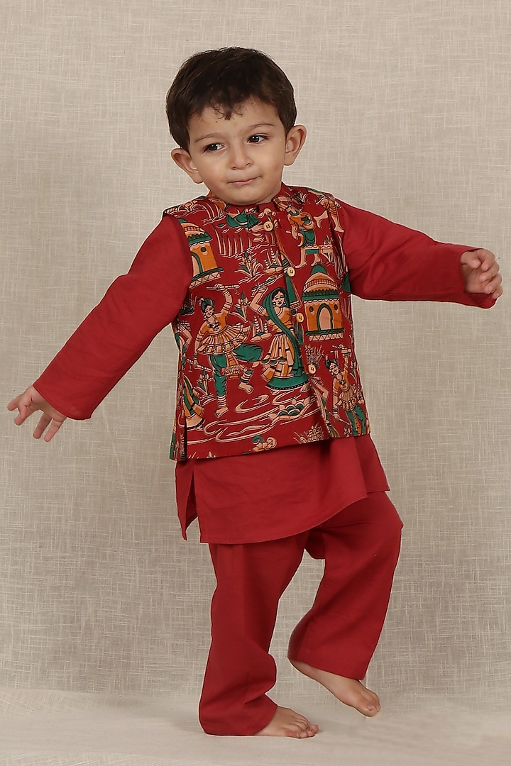 Red Cotton Printed Nehru Jacket Set For Boys by Tjori