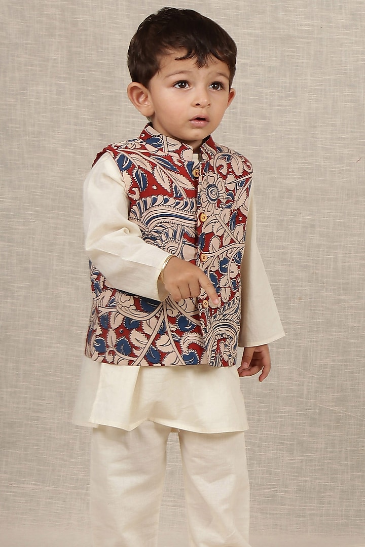 Multi-Colored Cotton Printed Nehru Jacket For Boys by Tjori