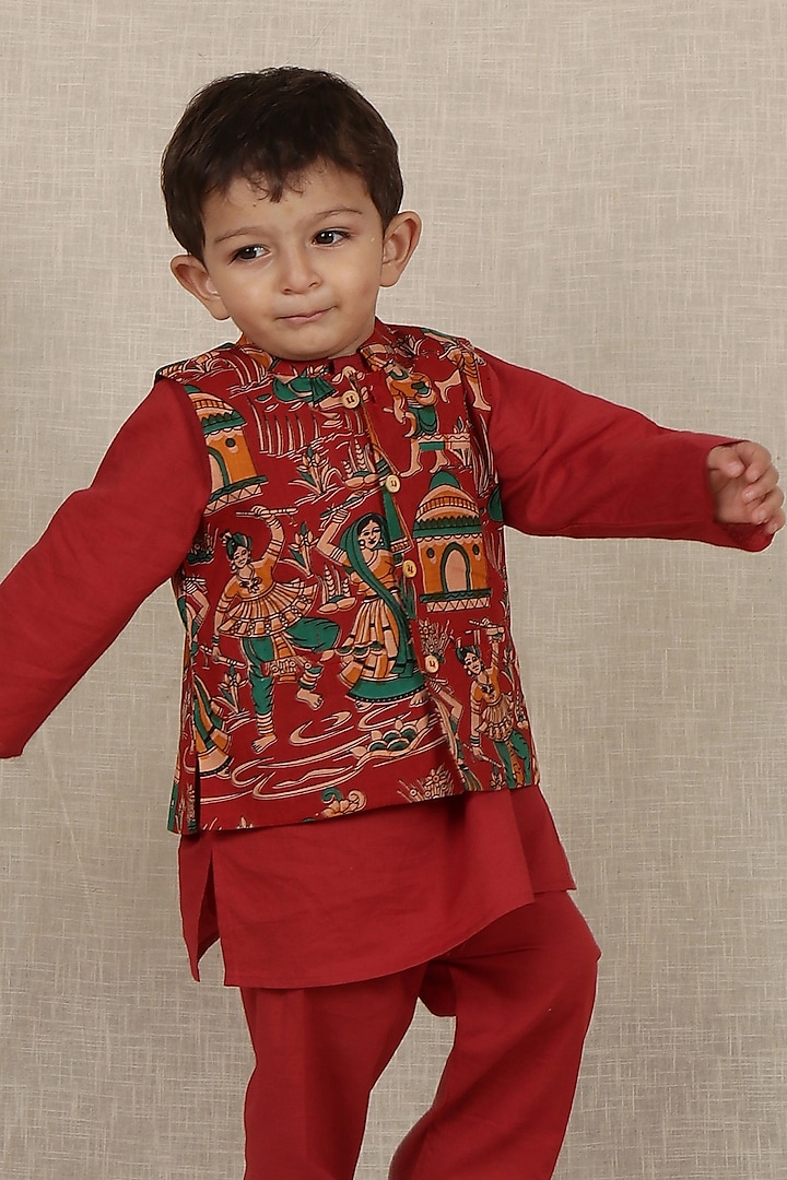 Maroon Cotton Printed Nehru Jacket For Boys by Tjori