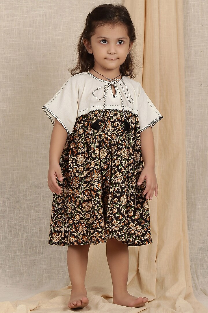 Off-White & Black Cotton Printed Flared Dress For Girls by Tjori India pvt ltd at Pernia's Pop Up Shop