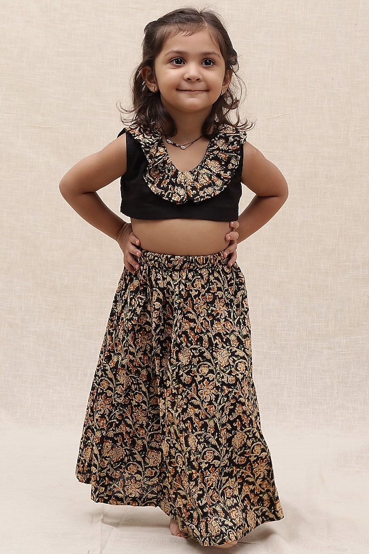 Black Cotton Printed Skirt Set For Girls by Tjori