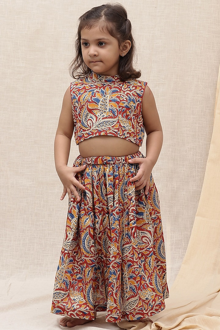Maroon Cotton Printed Skirt Set For Girls by Tjori