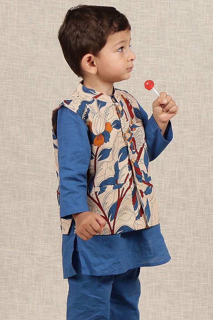 Beige Cotton Printed Nehru Jacket For Boys by Tjori