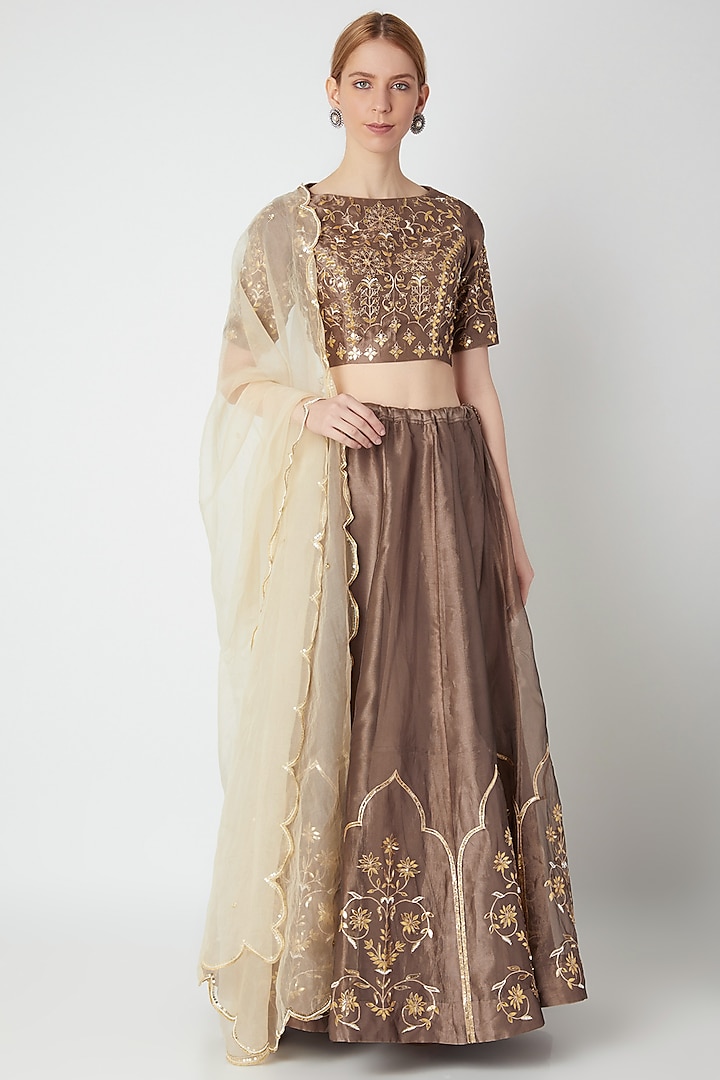 Brown Floral Embroidered Lehenga Set by The Jaipur Story