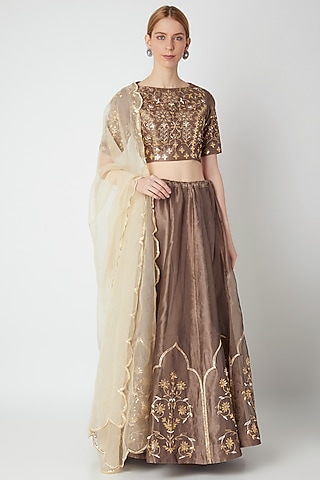 Brown Floral Embroidered Lehenga Set by The Jaipur Story