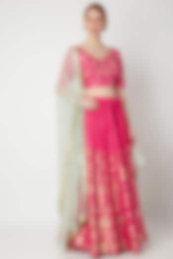 Fuchsia Embroidered Floral Lehenga Set by The Jaipur Story