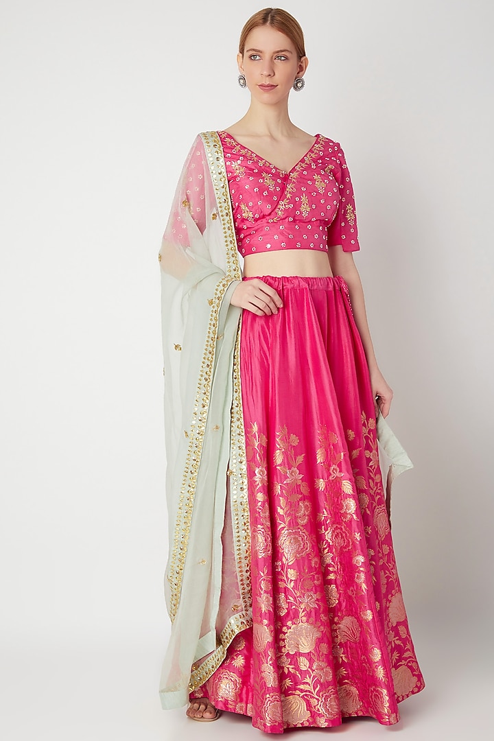 Fuchsia Embroidered Floral Lehenga Set by The Jaipur Story