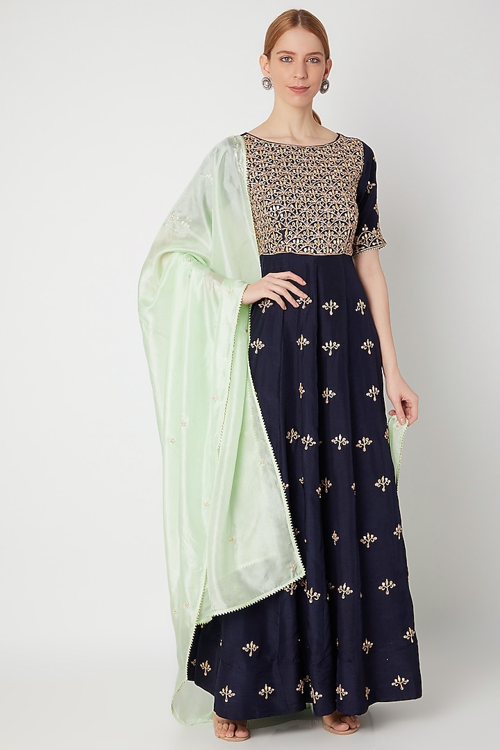 Navy Blue Embroidered Anarkali Gown With Dupatta by The Jaipur Story at Pernia's Pop Up Shop