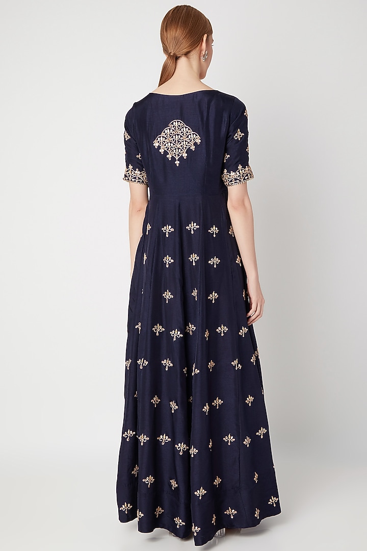 Navy Blue Embroidered Wedding Anarkali Gown With Dupatta by The Jaipur Story at Pernia's Pop Up Shop