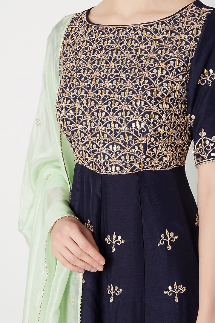 Navy Blue Embroidered Wedding Anarkali Gown With Dupatta by The Jaipur Story at Pernia's Pop Up Shop