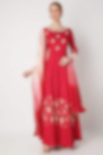 Red Embroidered Anarkali Gown With Dupatta by The Jaipur Story
