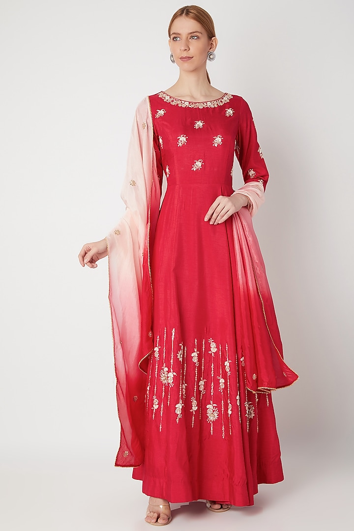 Red Embroidered Anarkali Gown With Dupatta by The Jaipur Story