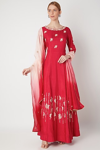 Red Embroidered Anarkali Gown With Dupatta by The Jaipur Story