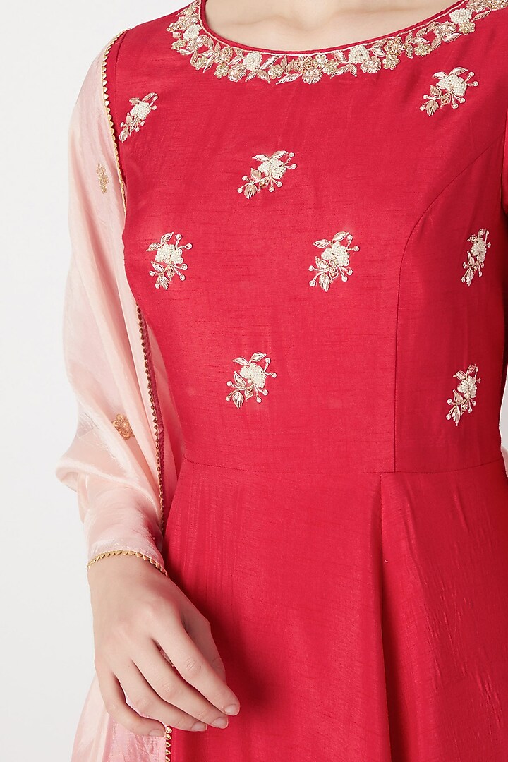 Red Embroidered Wedding Anarkali Gown With Dupatta by The Jaipur Story at Pernia's Pop Up Shop